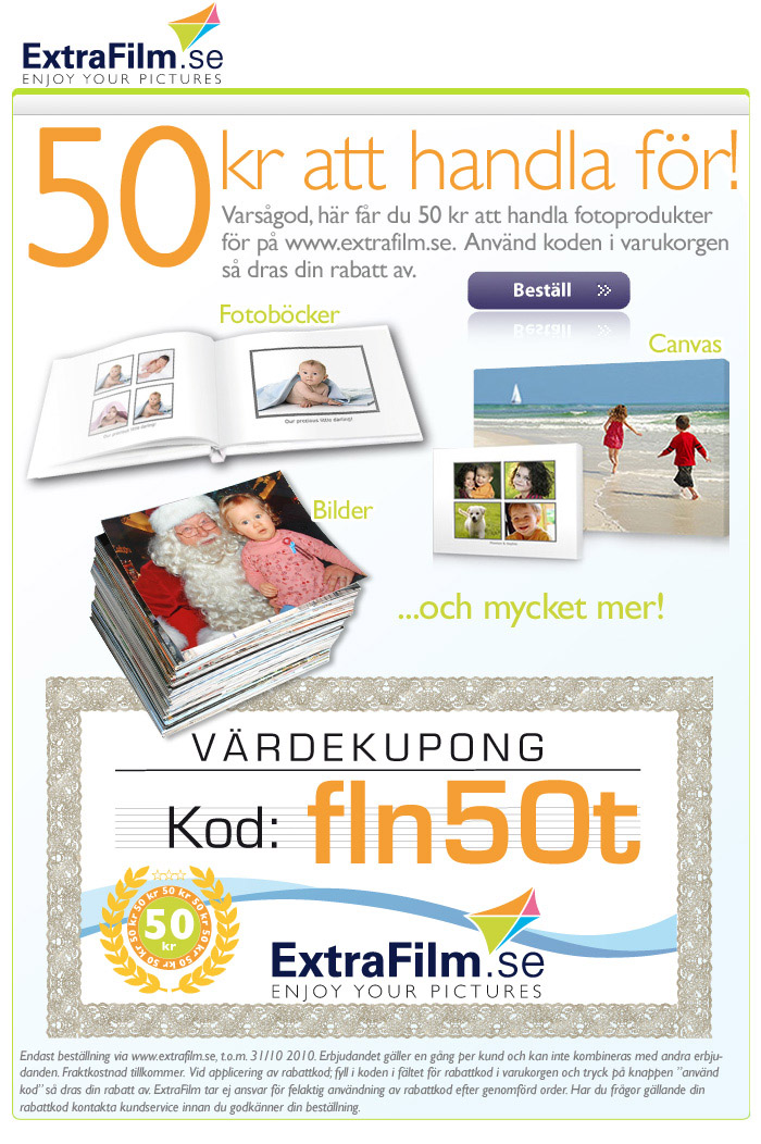 50 kr att handla f�r! Vars�god, h�r f�r du 50 kr att handla fotoprodukter f�r p� www.extrafilm.se.