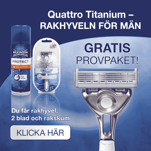 Gratis provpaket! - Rakhyvel, 2 blad och rakskum! - Wilkinson Sword ger dig ett provpaket - Provpaket fr�n Wilkinson Sword - Quattro Titanium �rets rakhyvel
