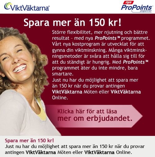 Spara mer �n 150 kr! Just nu har du m�jlighet att spara mer �n 150 kr n�r du provar antingen ViktV�ktarna M�ten eller ViktV�ktarna Online.